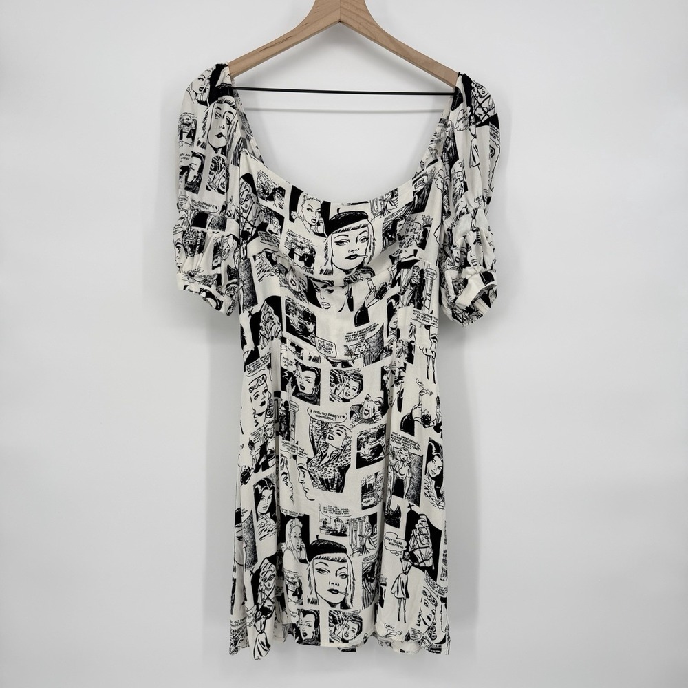 Reformation Sz 12 Lianne Newspaper Print‎ Mini Dress Black & White Puff Sleeve - Picture 2 of 8